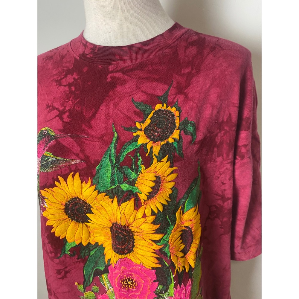 Vintage 90s Cotton Fitz Tie Dye Sunflower Hummingbird T-Shirt Maroon Large USA - Picture 2 of 5